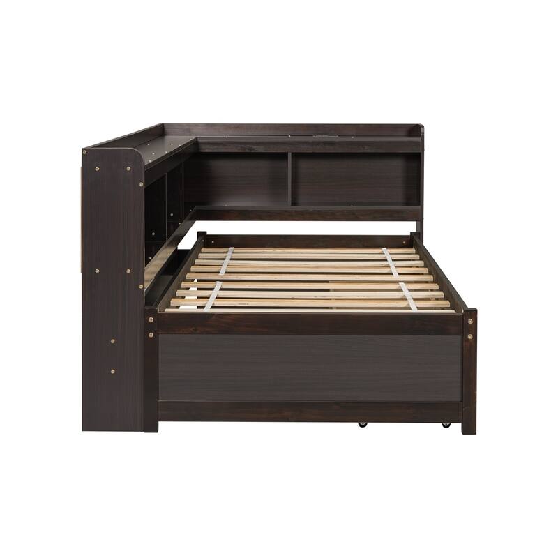 Twin Size L-shaped Bookcases Bed with Power Outlets