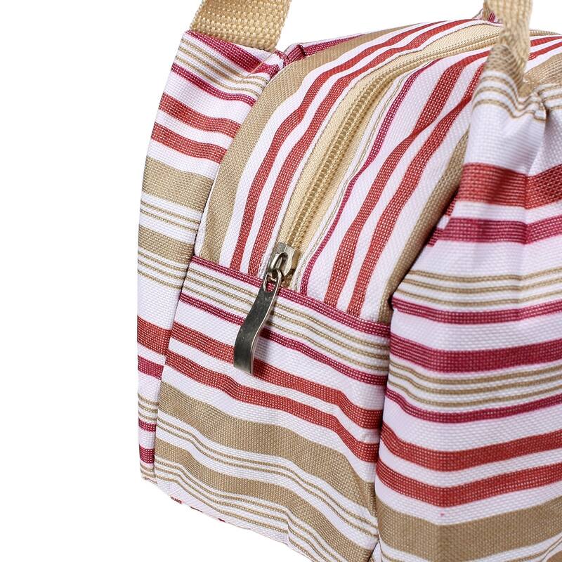 Canvas Picnic Lunch Drink Thermal Insulated Cooler Tote Storage Bag Brown Stripe - White,Fuchsia