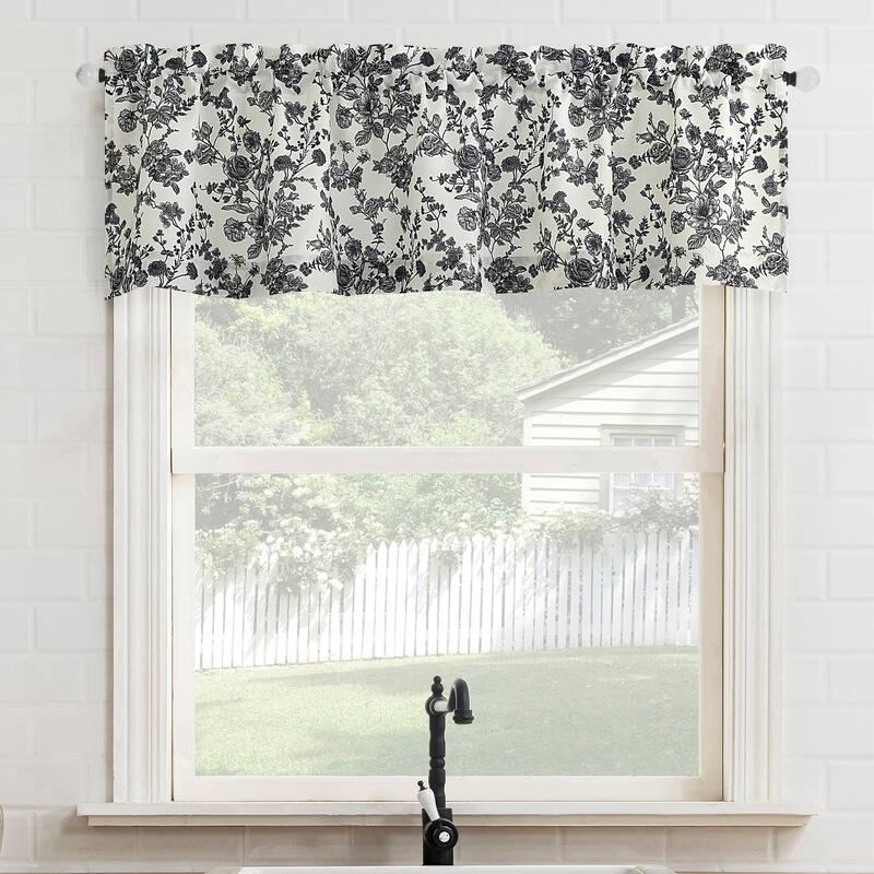 No. 918 Elara Tonal Botanical Semi-Sheer Rod Pocket 1-Piece Kitchen Curtain Valance - 54" x 14" - Black