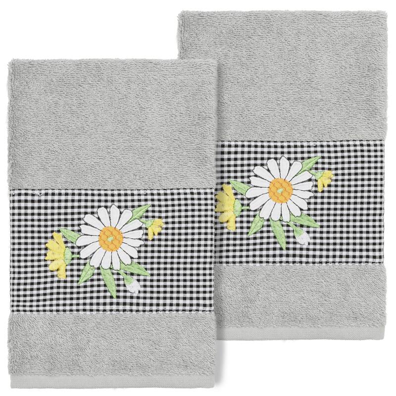 Authentic Hotel and Spa 100% Turkish Cotton Daisy 2PC Embellished Hand Towel Set - Light Gray
