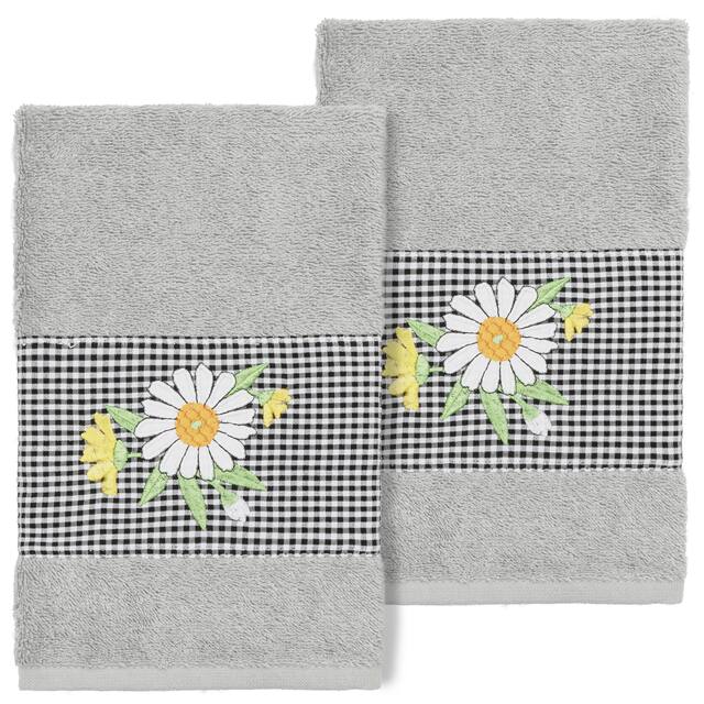 Authentic Hotel and Spa 100% Turkish Cotton Daisy 2PC Embellished Hand Towel Set - Light Gray