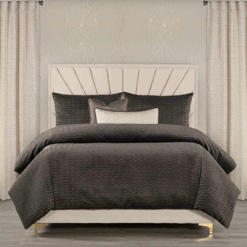 The Great Gatsby Velvet Wave Pleated Duvet & Insert Set - Graphite - California King - 6 Piece