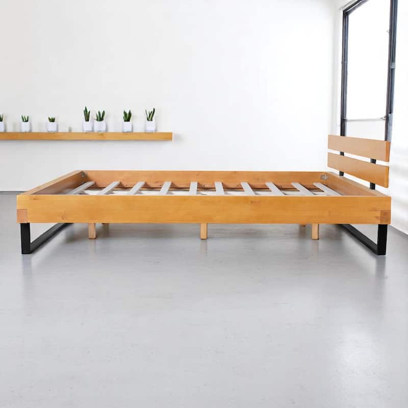 Queen/King Size Bed Frame with Headboard, Solid Pine Wood and Iron Platform Bed, Industrial Modern Design, No Box Spring Needed