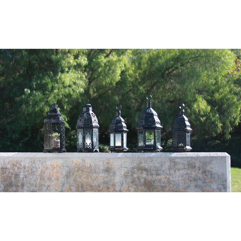 10.5" Charcoal Black Moroccan Hanging Candle Lantern