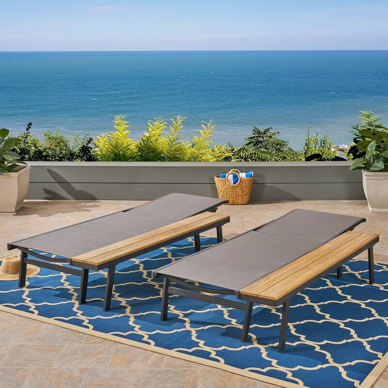 2-Piece Wood Moisture-resistant Reclining Chair, Rust-resistant Mesh Chaise Lounge Chair with Adjustable Backrest & Side Chair - Grey+Black