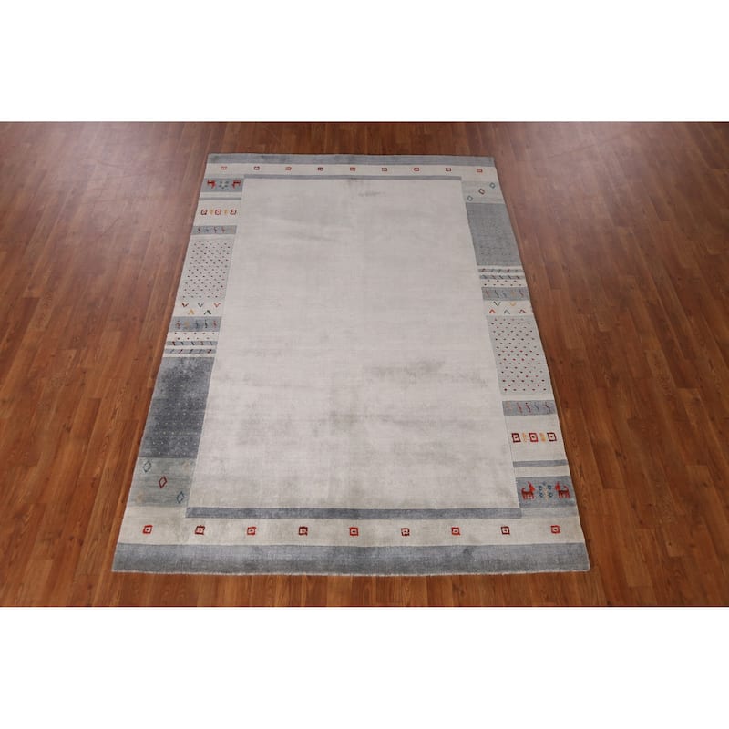 Hand Knotted Oriental 100% Wool Carpet Tribal Animal Pictorial Greys & Charcoal Gabbeh Area Rug - 7' 8'' X 5' 3''
