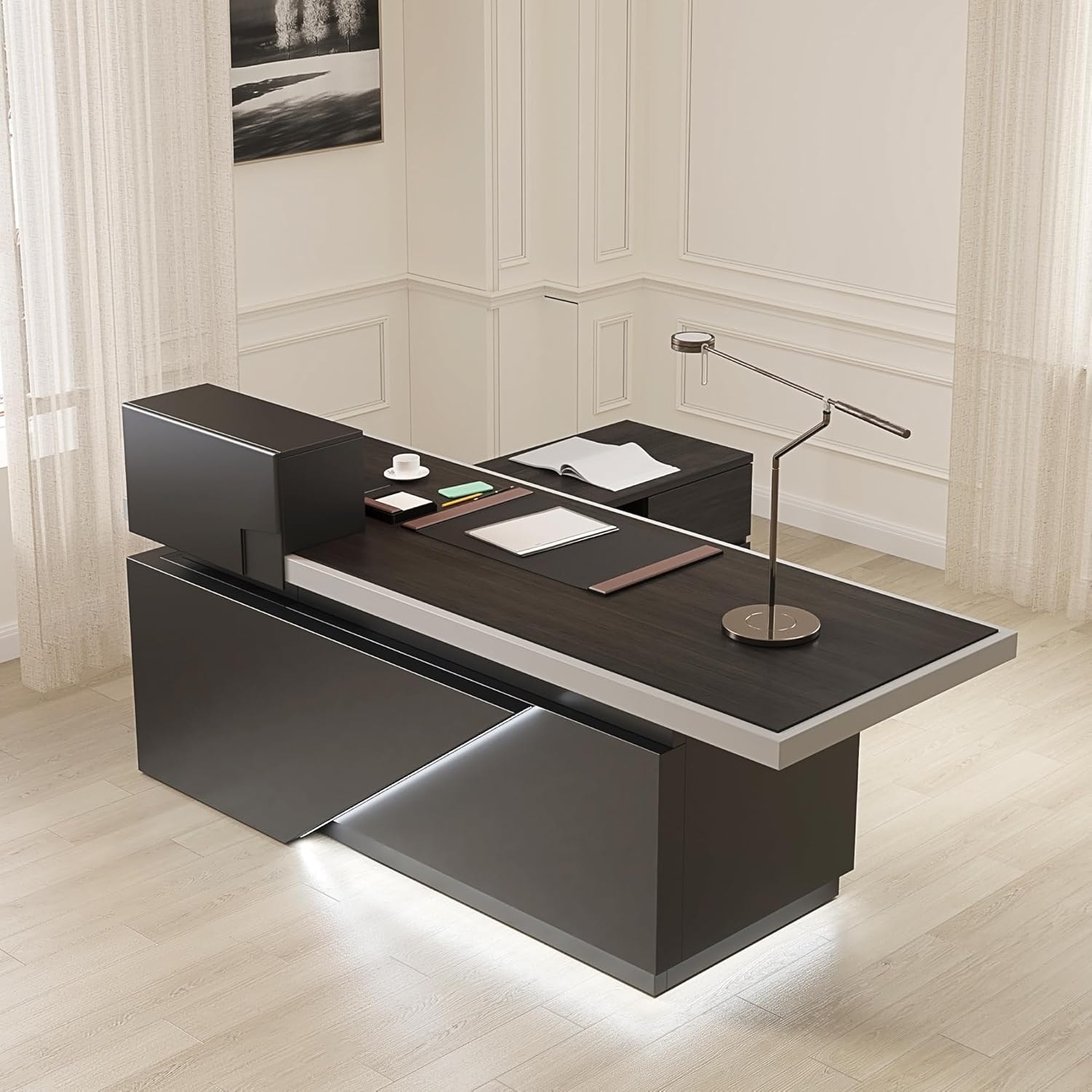 Black L Shaped Office Desk with Drawers Shelves Storage and LED Light