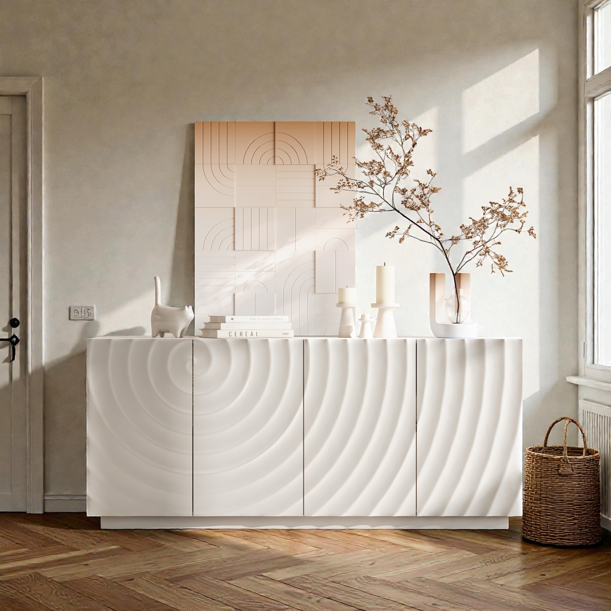 59 Inch Modern Buffet Cabinet with Storage, 4 Door Accent Sideboard with Shelves, Freestanding Floor Cabinet