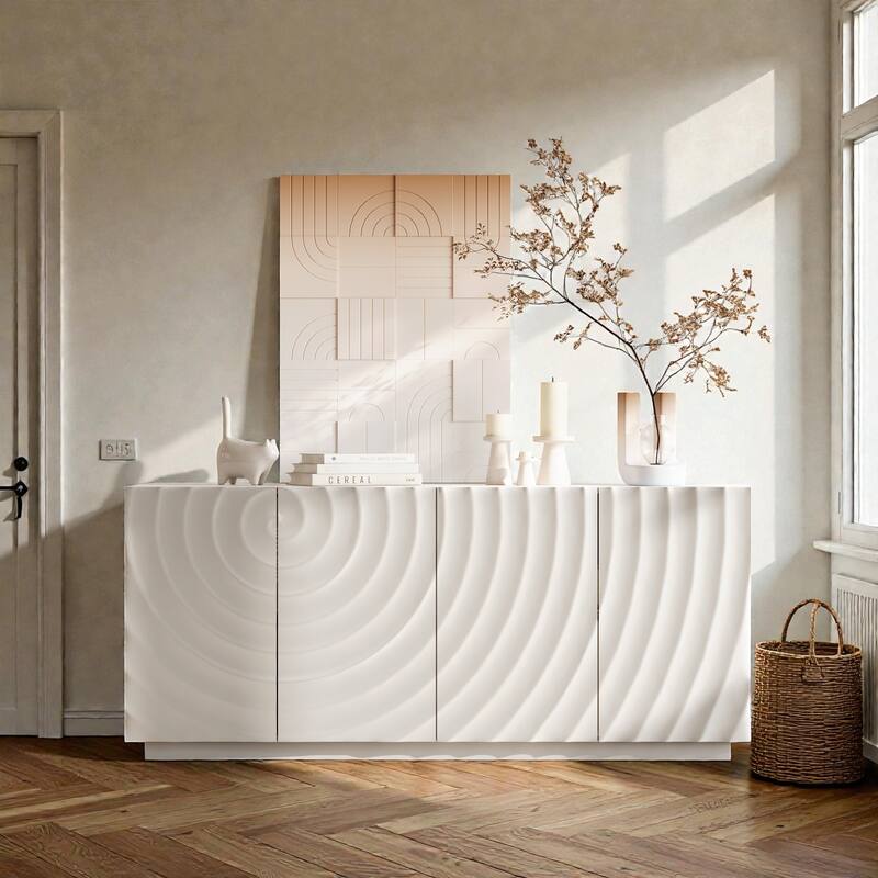 59 Inch Modern Buffet Cabinet with Storage, 4 Door Accent Sideboard with Shelves, Freestanding Floor Cabinet - White