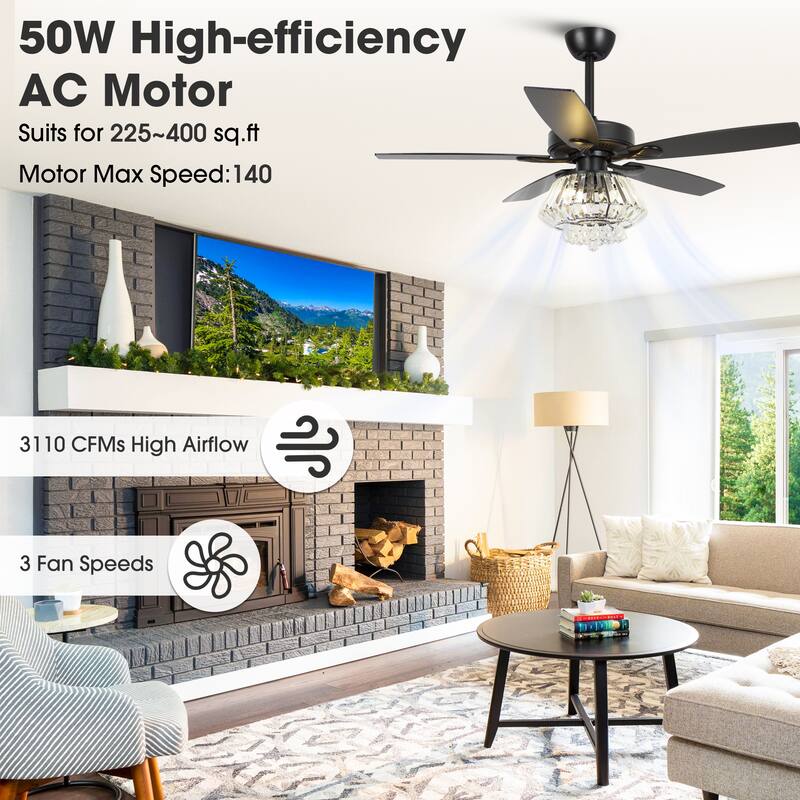 52" Modern Black Downrod Mount Crystal Ceiling Fan with Light and Remote Control - 52 in. D x 52 in. W x 21.6 in. H