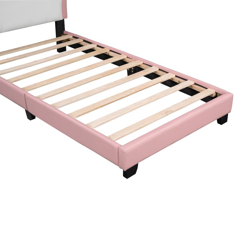 Twin Upholstered Platform Bed with Crown-Shaped Headboard, Pink & White Princess Design, Sturdy PU Leather Frame