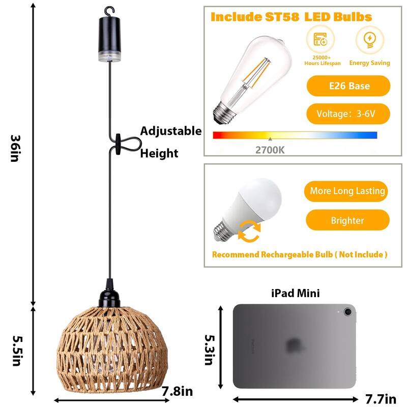Battery Operated Boho Rattan Pendant Light - 7.8 in Dia