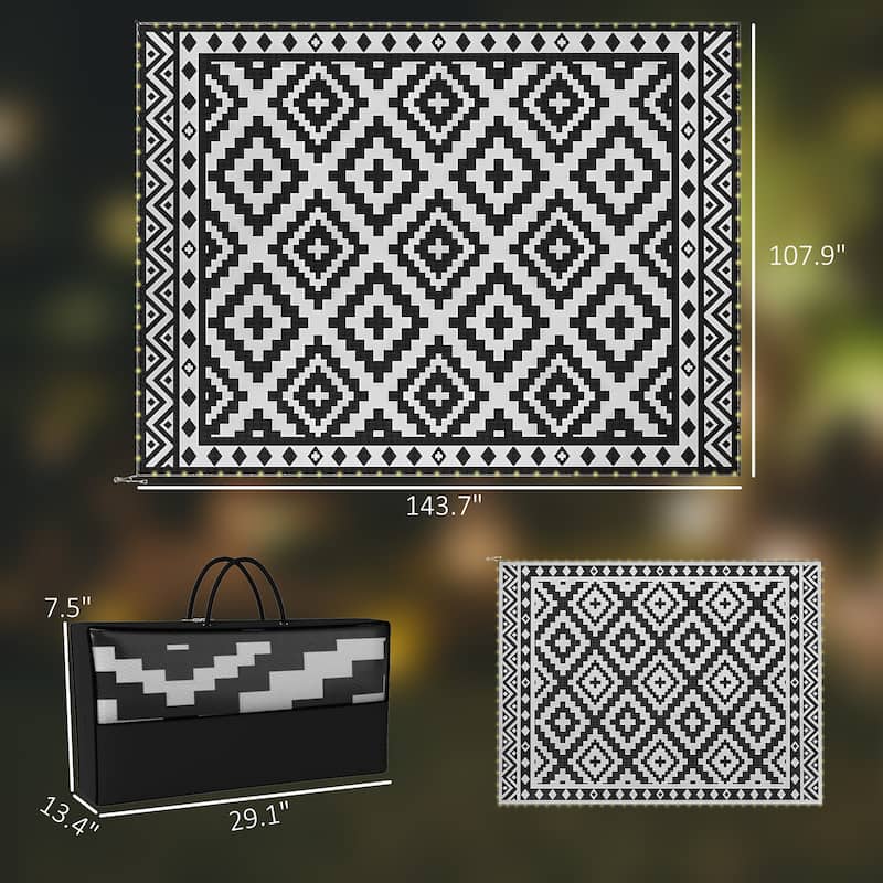 Outsunny Reversible Outdoor Rug Carpet, 12' x 9' Waterproof PP Plastic Straw Rug, Portable RV Camping Mat with LED String Lights