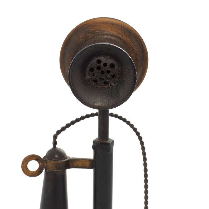 Black Metal Decorative Vintage Style Telephone Decorative Sculpture with Tiered Base and Coil Wire Detailing