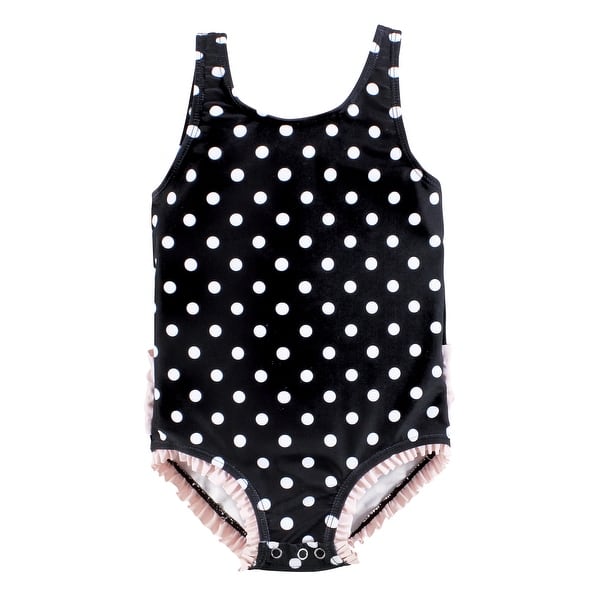 slide 1 of 1, Hudson Baby Girls Baby Swimsuit, Black Dot Pink 12-18 Months - Black Dot Pink Baby