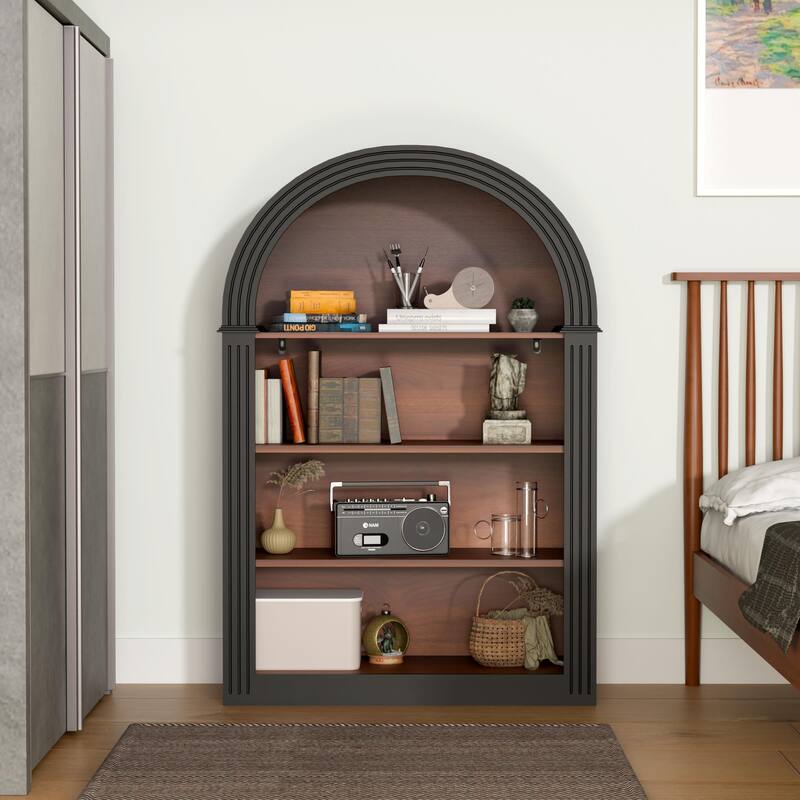 Bookcase, 4-Shelf Tall Bookshelf, 45.66" Wood Open Display Floor Arched Bookcase, Large Storage Organizer