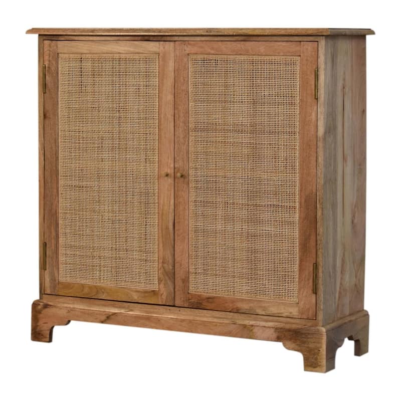 HomeRoots 34" Brown Solid Wood And Textured Rattan Accent Cabinet With Two Doors