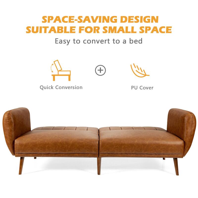 Gymax Convertible Futon Sofa Bed PU Adjustable Couch Sleeper w/Wood