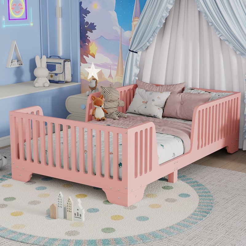 Full/Twin Montessori Floor Bed with Slats, Fence and Door, No Box Spring Needed - Pink - Twin