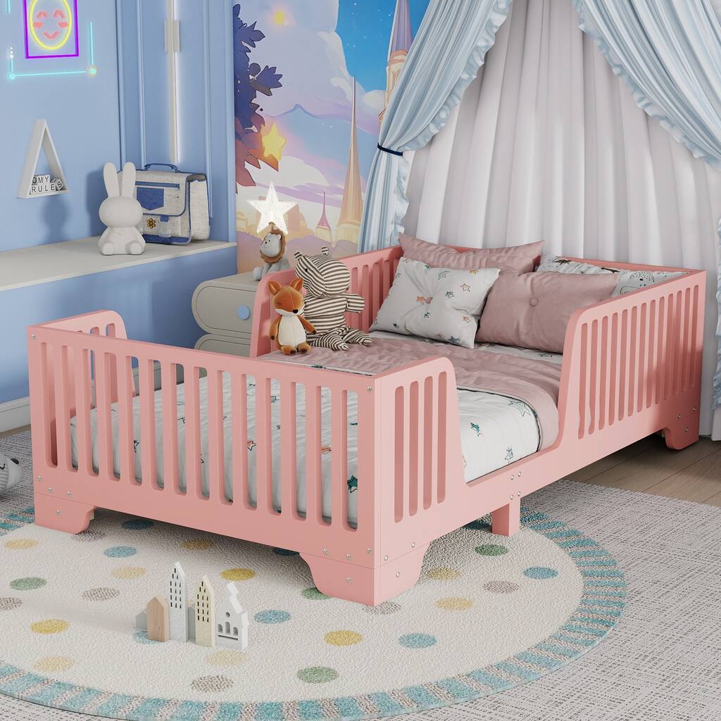 Twin Floor Bed with Slats and Fence, Twin Size Montessori Floor Beds with Door, No Box Spring Needed