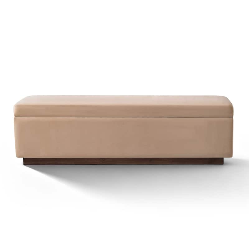 60" Wide Mid-Century Velvet Storage Bench With Solid Wood Base - Tan
