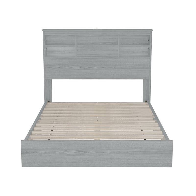 Queen Size Wood Platform Bed with Storage Headboard and USB Charging