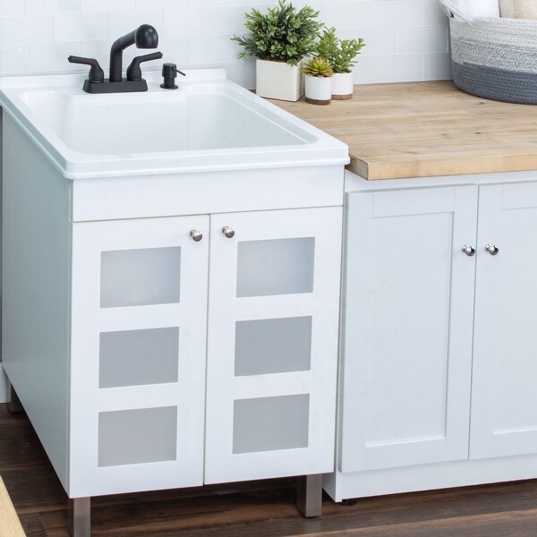 TEHILA White Utility Sink Cabinet, Coil Faucet, Soap Dispenser - Bed