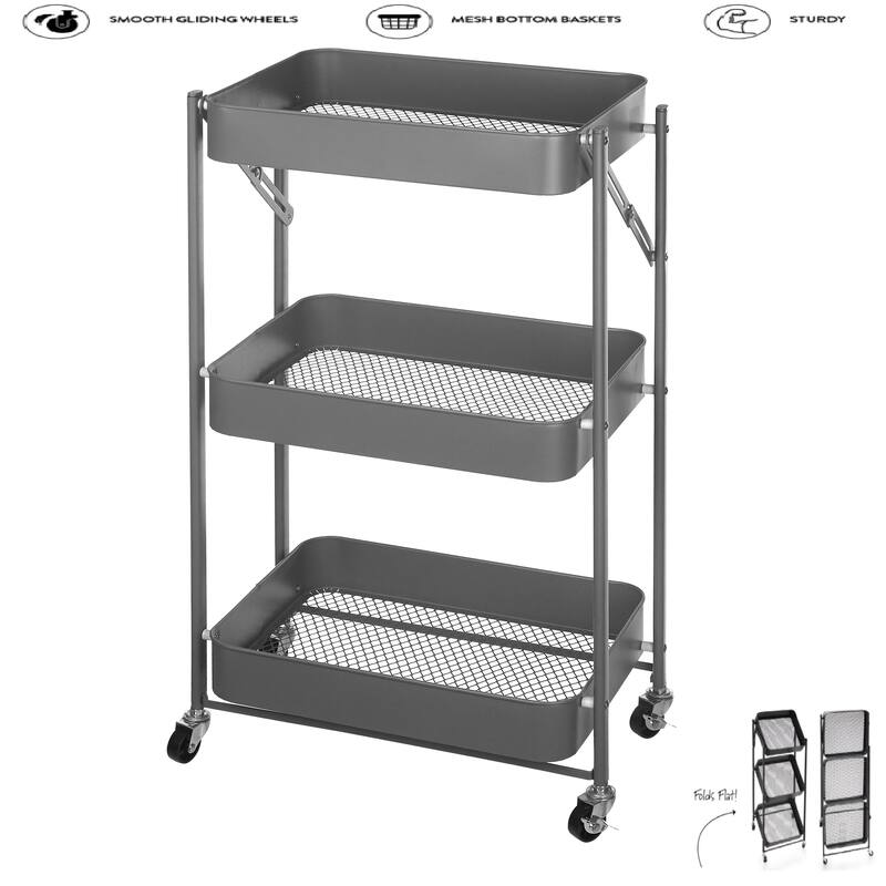 Urban Shop Foldable 3 Tier Mesh Rolling Storage Cart - 17.8" x 11.65" x 30.5"