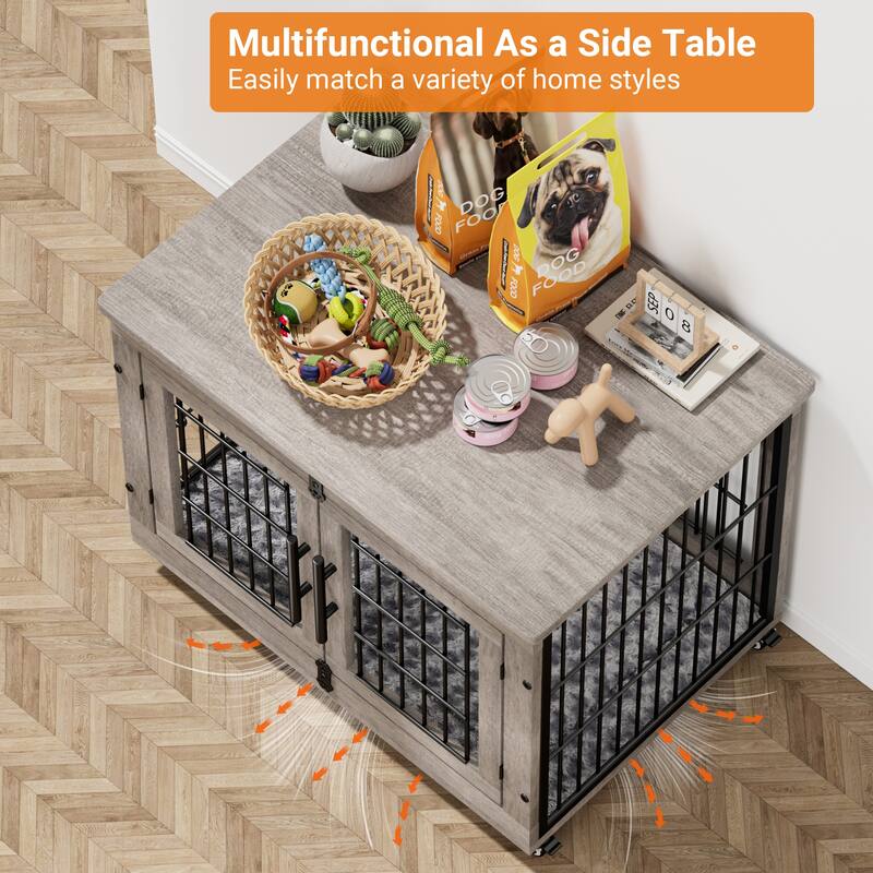 Dog Crate Indoor Heavy Duty Double Doors Wooden Dog Cage with Cushion
