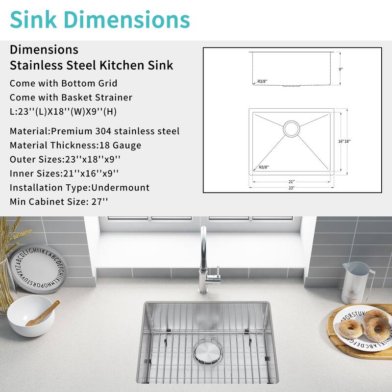 304 Premium Stainless Steel Single Bowl 23''x18''x9'' Undermount Handmade Kitchen Sink - 18*25.78*9