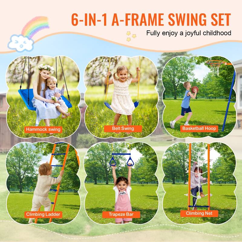 6 in 1 Outdoor Metal Swing Set Includes 2 Swings and Ladder Ideal for Kids - 165.35”L x 70.08”W x 80.31”H