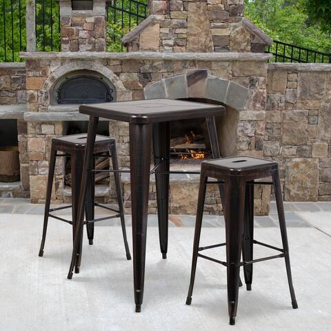 23.75'' Square Metal Indoor-Outdoor Bar Table Set with 2 Square Seat Stools - 27.75"W x 27.75"D x 40"H