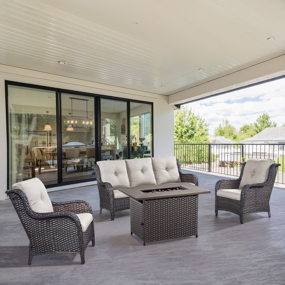 Gymojoy 4-Piece Outdoor Wicker Patio Furniture with Fire Pit Table, Rattan Coversation Set with Water Resistant Thick Cushions