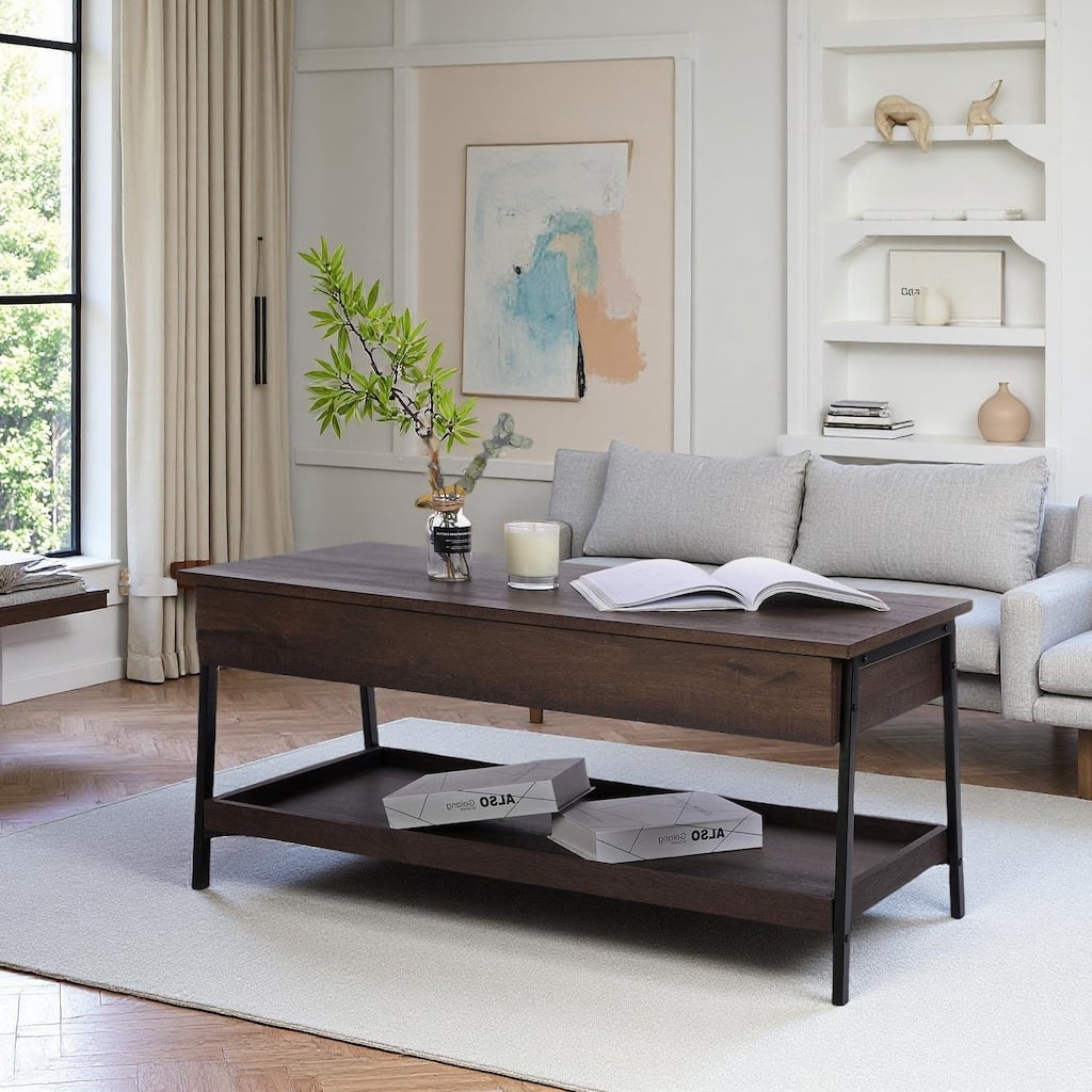Caffoz Lift Top Coffee Table 2 Tier Wood Design with Hidden Compartment, Living Room Center Table with Extra Storage Space