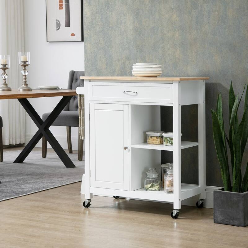 Kitchen Island Cart on Wheels, Small Kitchen Storage Cabinet with Solid Wood Countertop, Drawer & Adjustable Shelf