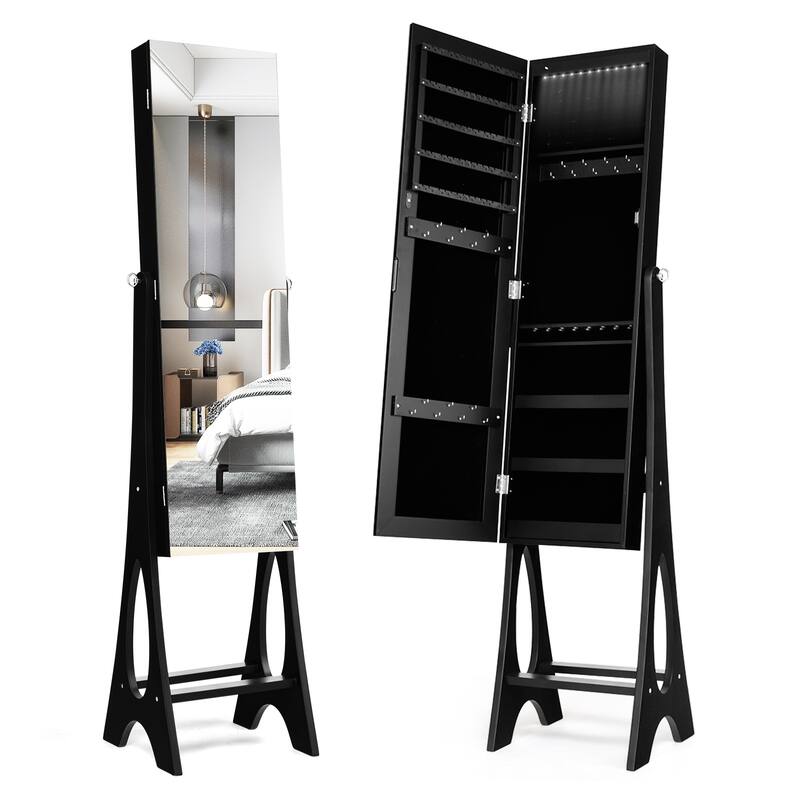 Freestanding Jewelry Cabinet Armoire Organizer with 5 Lined Shelves and Full Size Mirror - 14.5" x 13.5" x 61" (L x W x H) - Black
