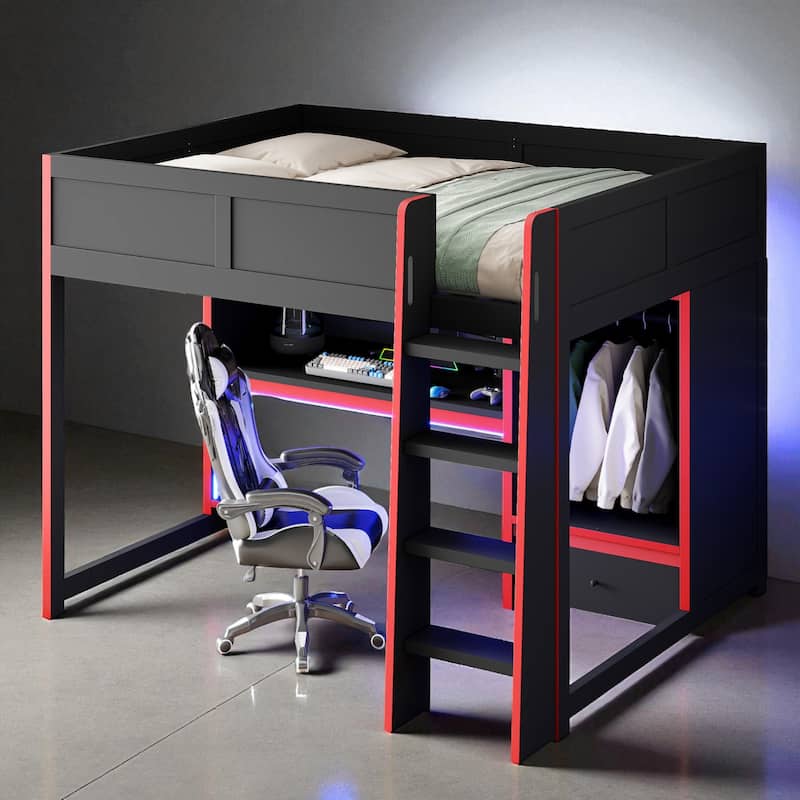 Wood Twin/Full Size Loft Bed with Desk, Wardrobe, LED Lights, Drawer and Hanging Rack - Space-Saving Gaming Workstation - Black - Full