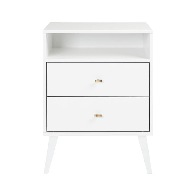Prepac Milo Mid-Century Modern 2 Drawer Nightstand with Open Shelf, Bedside Table, Contemporary Bedroom Furniture