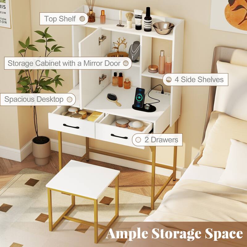 Gymax Vanity Desk w/Power OutletsMirror Cabinet Shelves Storage