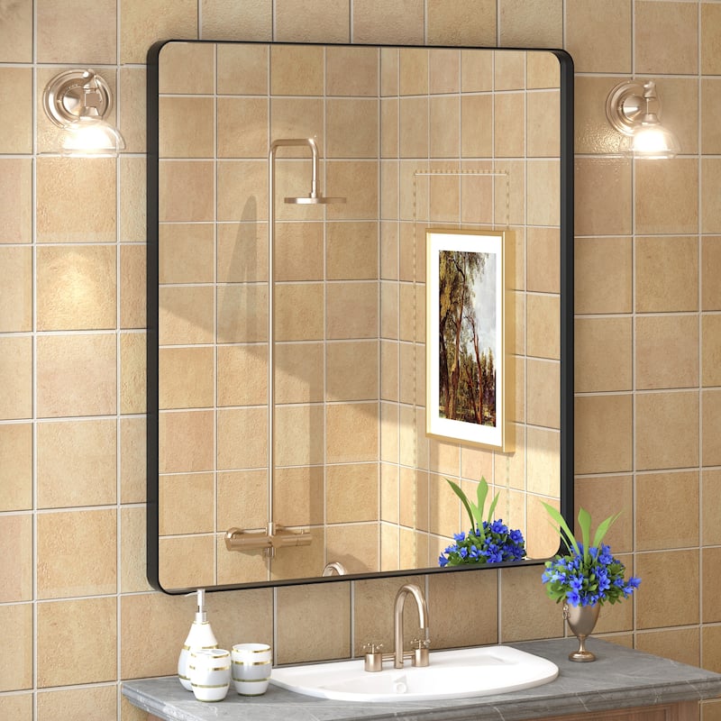 Aluminum Alloy Framed French Cleat Mounted Tempered Glass Wall Vanity Mirror - 36" x 32" - Black