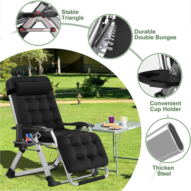 Folding Adjustable Zero Gravity Chair, with PIllow and Cushion, Black