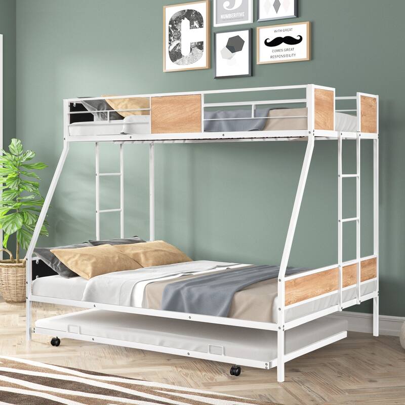 Twin over Full Bunk Bed with Trundle, Heavy-duty Metal, Noise Reduced, Safety Guardrail, Wooden Decoration, CPC Certified - White