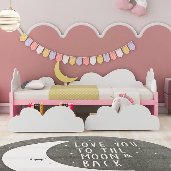 slide 2 of 34, Platform Bed with 2 Drawers, Clouds Decor Pink Moon - Twin
