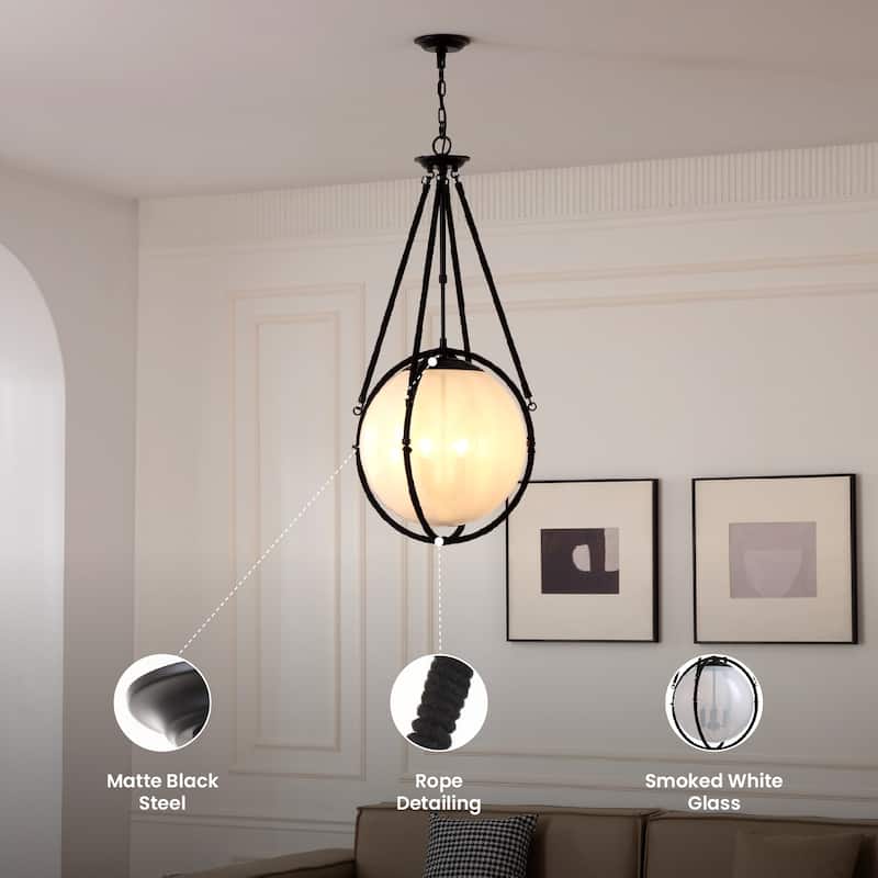 VidaLite Voyager 4-Light Matte Black Pendant, Hanging Pendant Light With Rope Detailing and Smoked Glass Shade - 38" x 18"