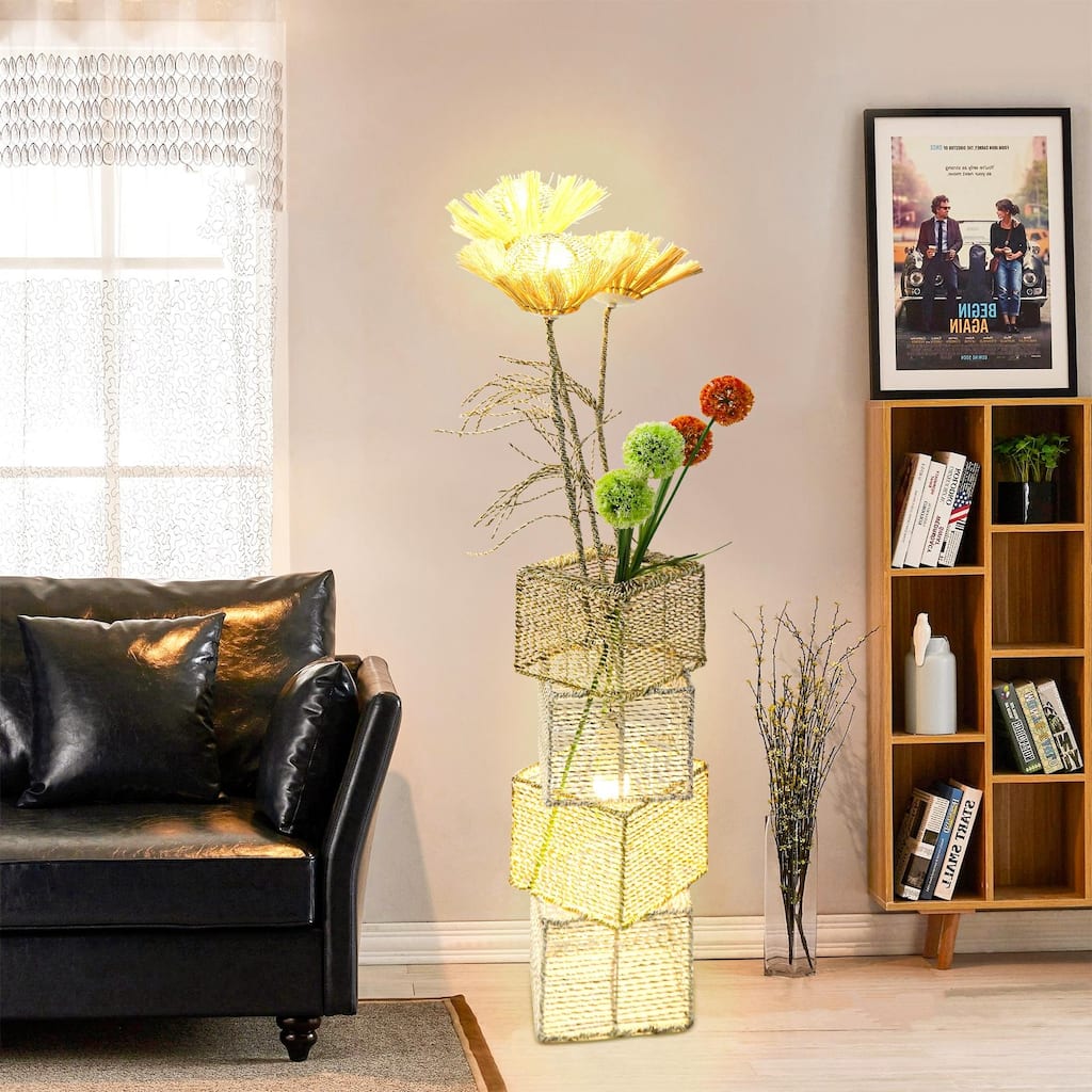 Pastoral Led Floor Lamp Hand-Woven Rattan Wicker