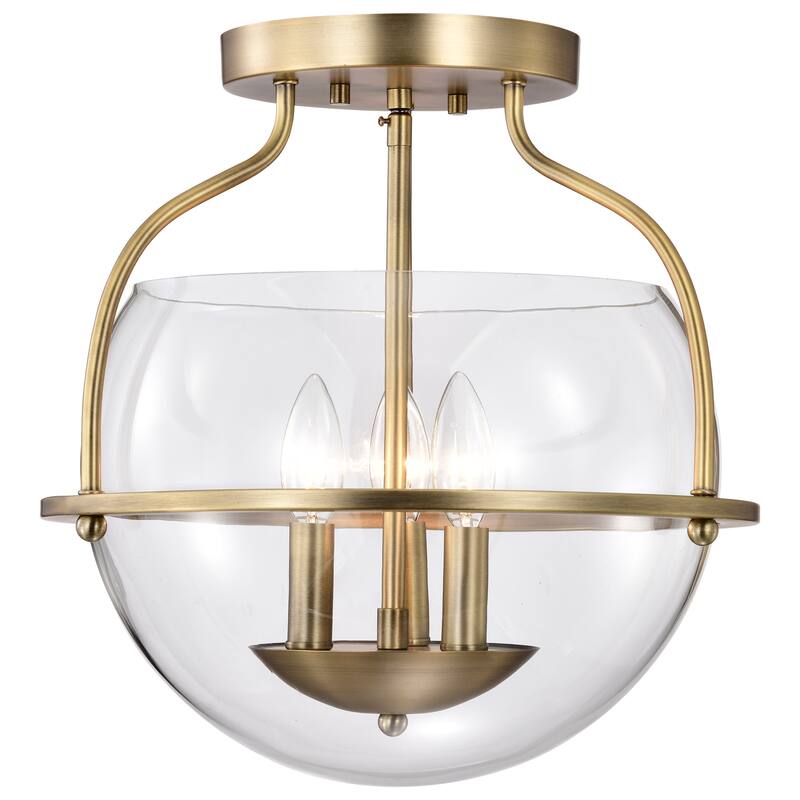 Amado 3 Light Semi Flush Mount - Vintage Brass Finish - Clear Glass - Vintage Brass