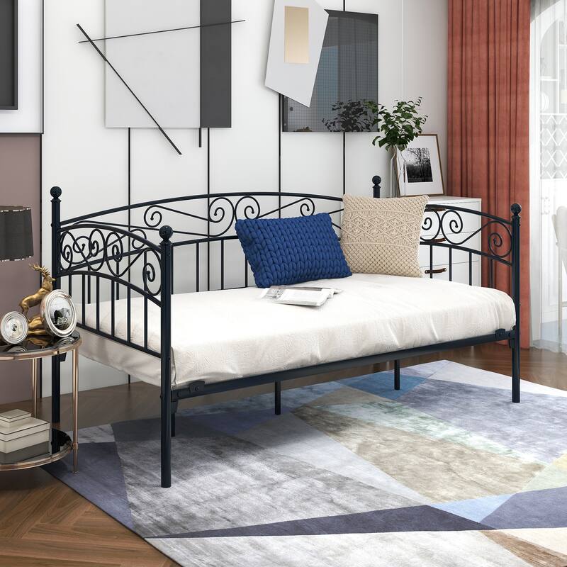 Twin Size Metal Daybed with Headboard and Mattress Foundation - Black