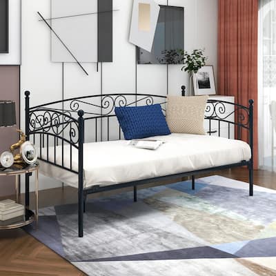 Twin Size Metal Daybed with Headboard and Multifunctional Mattress Foundation