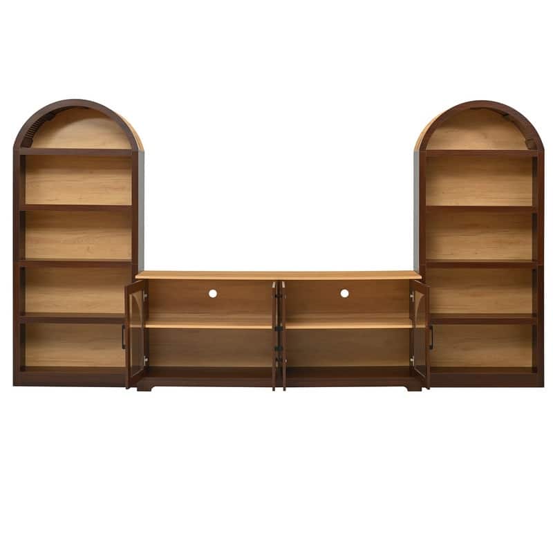 Farmhouse 3-Piece TV Stand Set for TVs Up to 70", Entertainment Center with Arched Sideboard and Glass Doors for Living Room