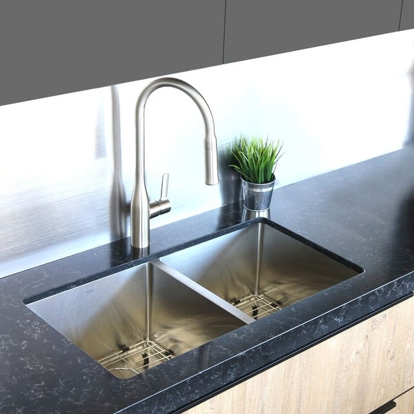 32 L X 18 W Double Basin Undermount Kitchen Sink With Grids And Strainers Overstock 28045097